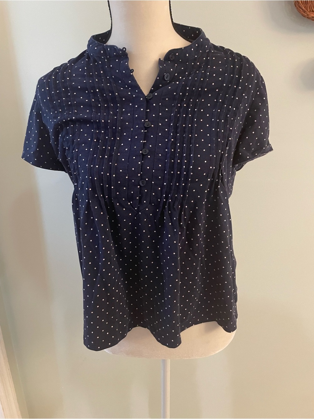 Lands' End Navy Blue Polka Dot Pintuck Short-Sleeve Blouse